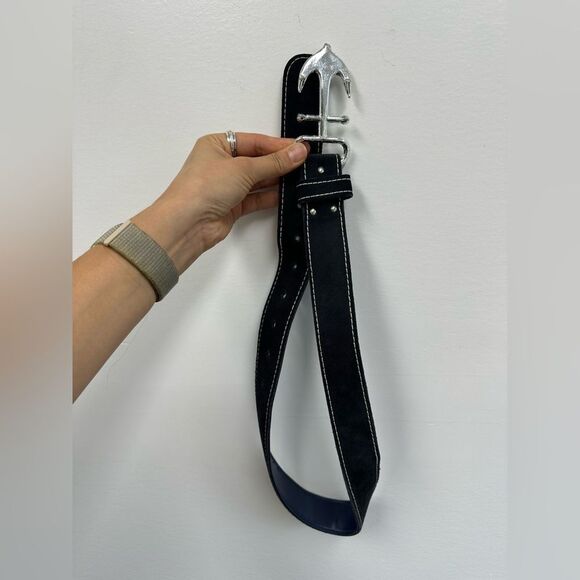 Vintage Blue Suede Leather Anchor Nautical Belt Silver Tine Buckle adjustable M - Picture 7 of 9